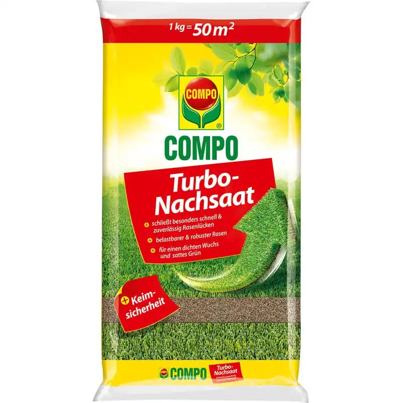 COMPO Turbo-Nachsaat, Rasenlücken schließen, strapazierfähig, Spielrasen, schnell keimend, 1 kg Beutel Aktuell