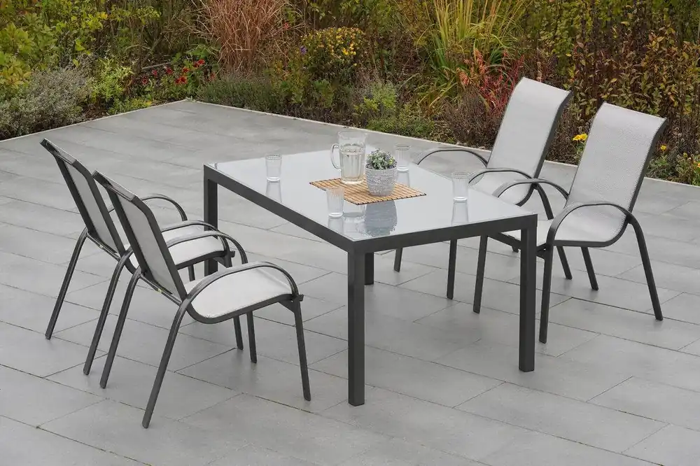 Sofort Bestellen YOURSOL by Merxx Gartenmöbel Set Amalfi 4 Personen mit Tisch 150 x 90 cm, Aluminium Stapelstühle