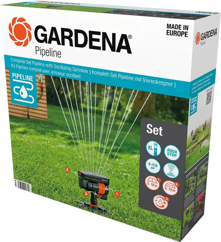 Gardena Komplett-Set Pipeline Viereckregner, Rasenbewässerung mit Gartensprinkler im Komplettset Neu Im Sortiment