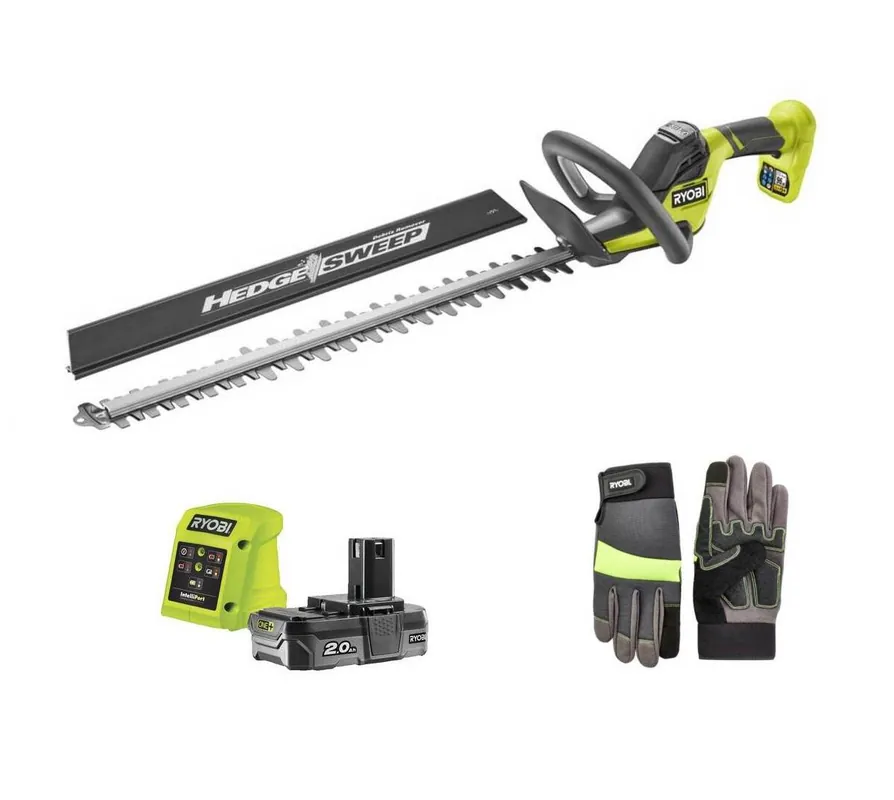 Preisreduziert Ryobi Set ONE+ 18 V Akku-Heckenschere mit 2,0 Ah Akku & Ladegerät, Gartenarbeitshandschuh Größe L