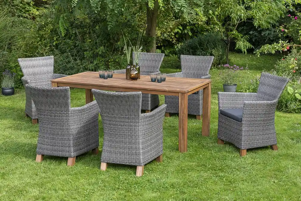 YOURSOL by Merxx Gartenmöbel Set Toskana 6 Personen mit Tisch 185 x 90 cm, Holztisch, Geflechtstühle Preiswert