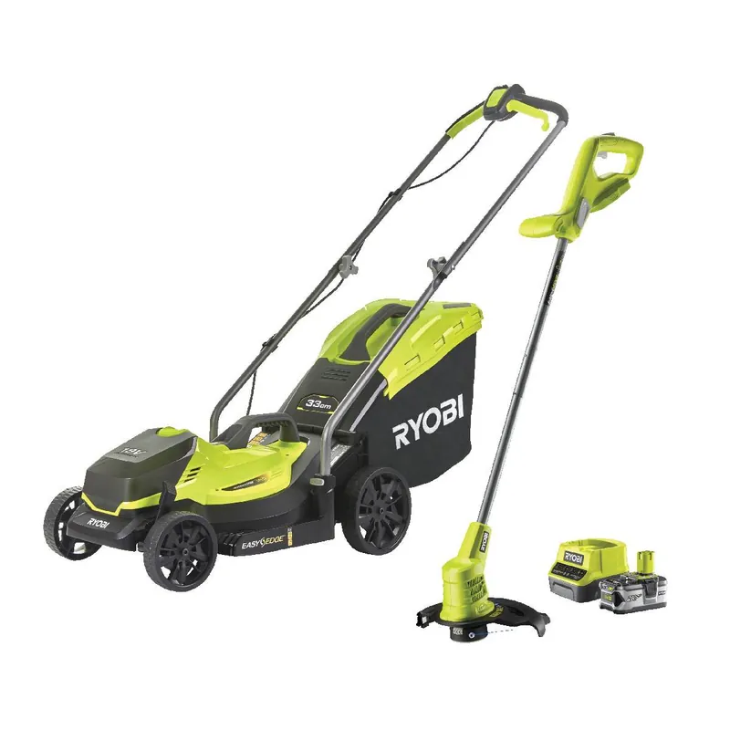 Letzte Chance RYOBI Kombo-Kit Akku-Rasenmäher Akku-Rasentrimmer ONE+ 18 V, inkl 1x4,0 Ah Akku & Ladegerät
