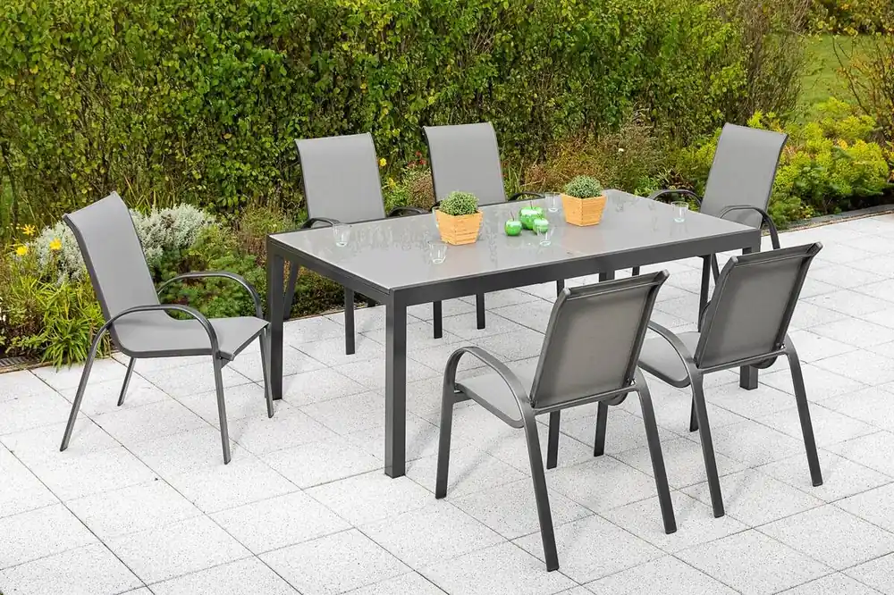 YOURSOL by Merxx Gartenmöbel Set Amalfi für 6 Personen mit Semi Ausziehtisch, Alu, Stapelstuhl, Grau Bestpreis
