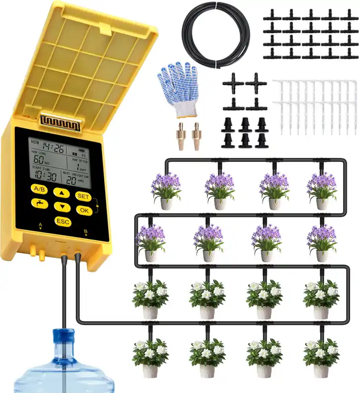 Sofort Bestellen Solar-Tropfbewaesserungssystem mit Doppelpumpe und Regensensor, digitalem Anzeigebildschirm, Kindersicherung, 2 Gruppen, automatisches Bewaesserungssystem fuer 20 Topfpflanzen, DIY-Tropfbewaesserungsset mit Solarmodul, 15 m langem Rohr, Kupferfilter, Verbindungsstuecken, Handschuhen