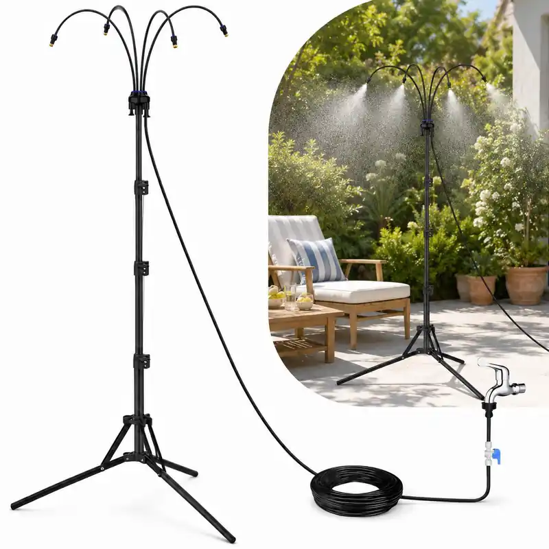 Aktuell Stand-Sprühkühl- und Bewässerungssystem, höhenverstellbarer mobiler Sprüher, Dreieck-Sprühkühlung für Garten, Terrasse, Pool, BBQ & Outdoor-Solarium