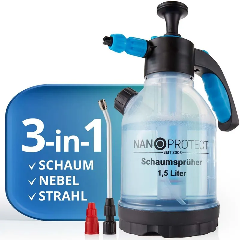 Markenprodukt Nanoprotect Premium Drucksprüher 1,5 L - Schaumsprüher mit 3 Düsen inkl. Messbecher + Lanze Säurebeständig Laugenbeständig Pumpsprüher Handsprüher