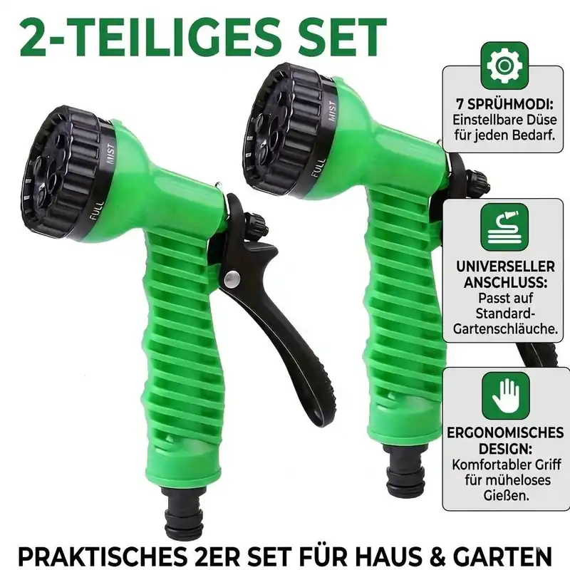 2er Set Gartenbrause Multifunktion Spritzpistole 7 Modi Bewässerung Set, grün Echt