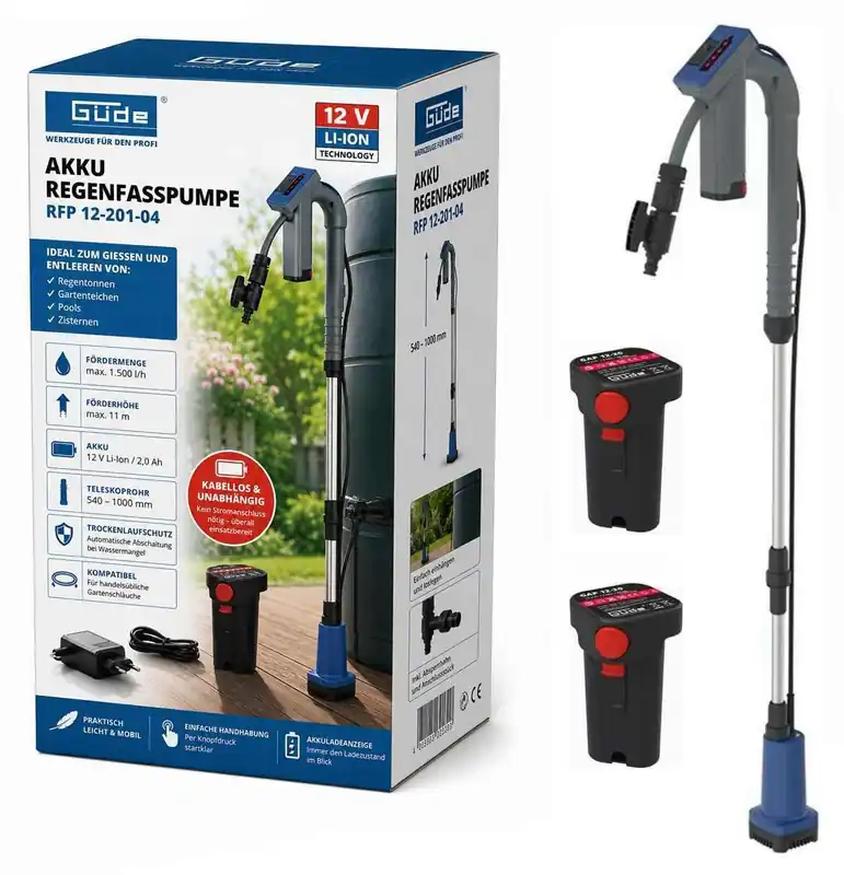 Güde Akku Regenfasspumpe 12V RFP 12-201-04 Gartenpumpe 2 Akkus und Ladegerät Schnäppchen
