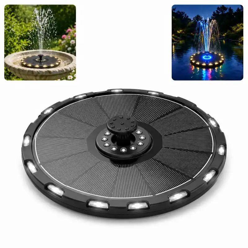 Solar Springbrunnen mit LED Licht 3,5W, schwimmende Solar Wasserpumpe für Vogelbad, Teich & Garten Ø18cm Neu