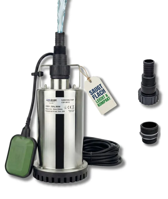 CHM GmbH® Flachsaugpumpe Edelstahl 900 Watt Kellerpumpe, Tauchpumpe, Poolpumpe Garantierte Lieferung