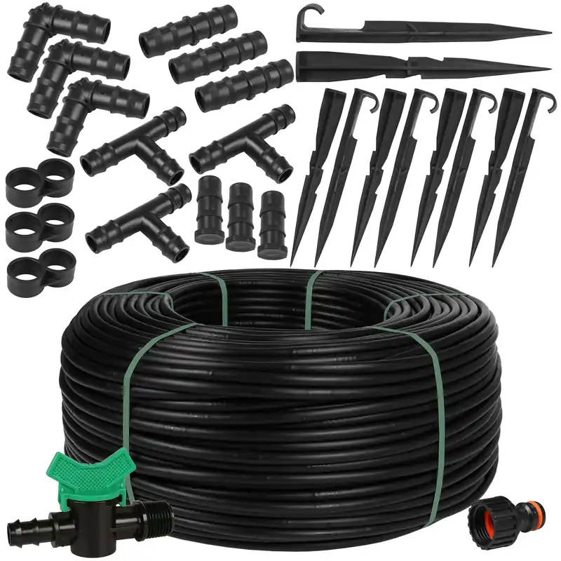 Schwarze Tropfleitung Tropfschlauch Tropfbewässerung 16mm/1,6 LPH EU 50m+Zubehör Billig
