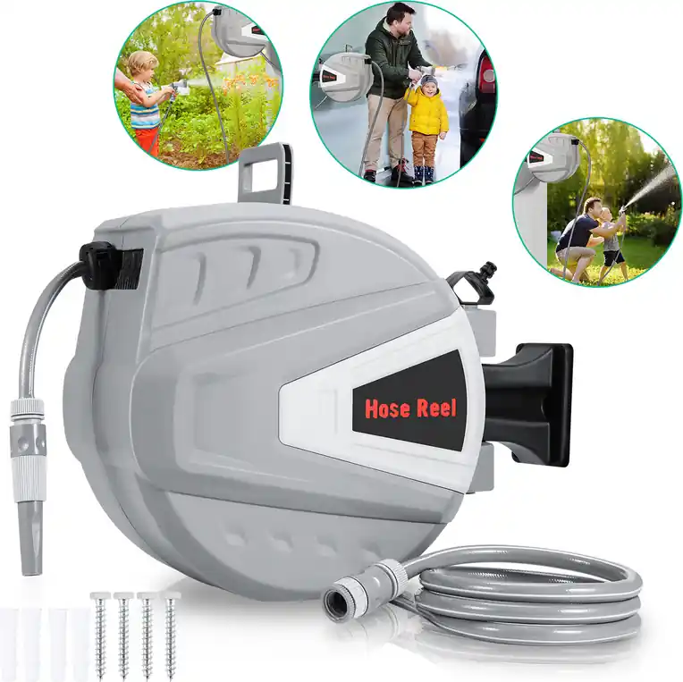 SWANEW Schlauchaufroller Wand-Schlauchbox Schlauchtrommel mit 1/2" Zoll Wandhalterung 20m mit 9 Schlauchdüsenmuster Garten Schlauch Direktkauf