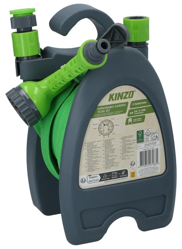 Kinzo Flexibler Gartenschlauch 10M – Gartenschläuche inkl. Aufsatz und Wandhalterung – Gartenschlauch mit Sprühkopf mit 7 Sprühfunktionen – Kunststoff – Grün/Grau Bestseller