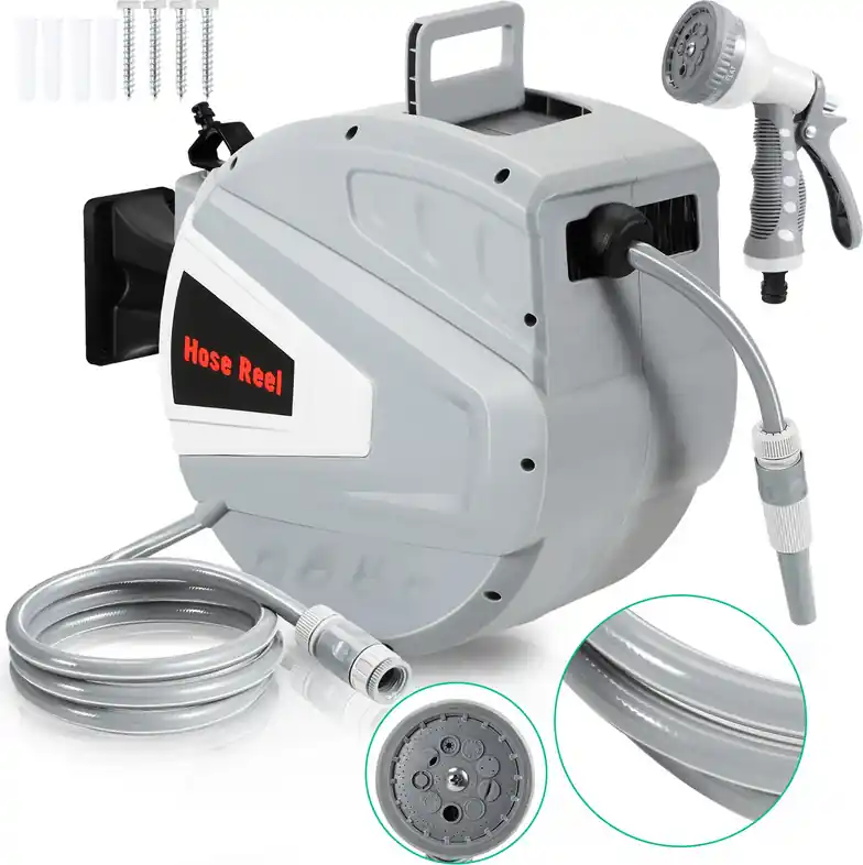 TolleTour Schlauchaufroller Wasser Wand-Schlauchbox Schlauchtrommel mit 3/4" Zoll Wandhalterung 30m mit 9 Schlauchdüsenmuster Geprüft
