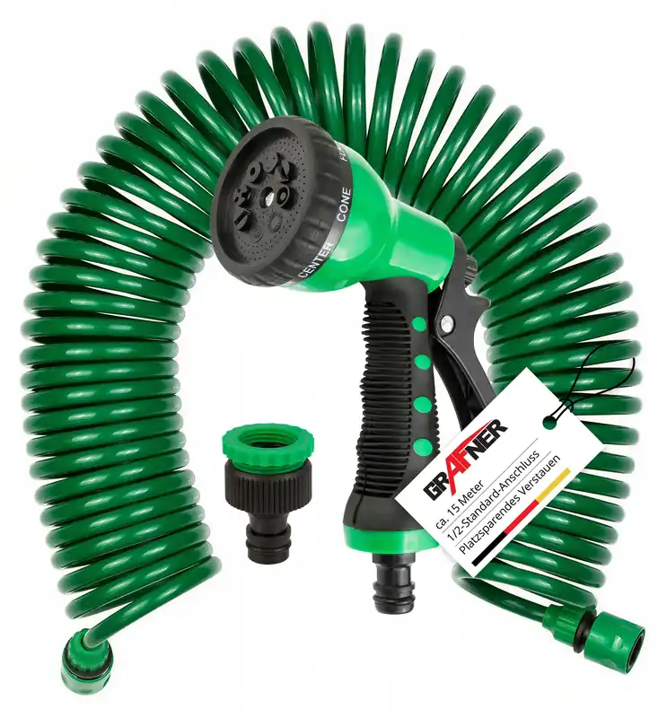 Grafner Spiralschlauch Gartenschlauch flexibel 1/2" inkl. 8 Funktionen Brause 15m Garantierte Lieferung