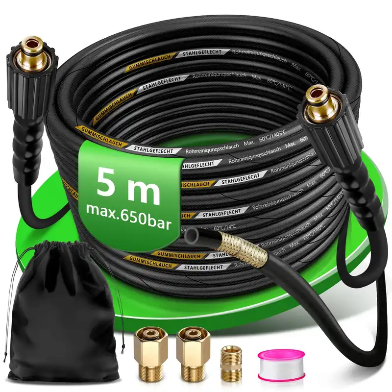 Rohrreinigungsschlauch 5m mit 2 Kärcher Adapter, 400 Bar, 4-Schichten-System, Hochdruckreiniger-Schlauch Hochdruckschlauch mit M22 AG Messing-Adaptern Nur Für Kurze Zeit