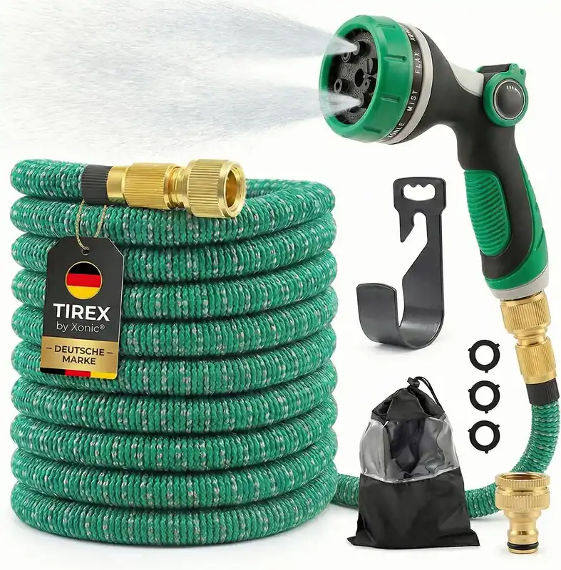 TIREX by xonic® Flexibler Gartenschlauch mit 10 verschiedenen Strahlarten – leichter Wasserschlauch flexibel mit 3-fach Latexkern – dehnbarer Flexschlauch / Gartenschlauch flexibel (Grün, 30m) Ausverkauf