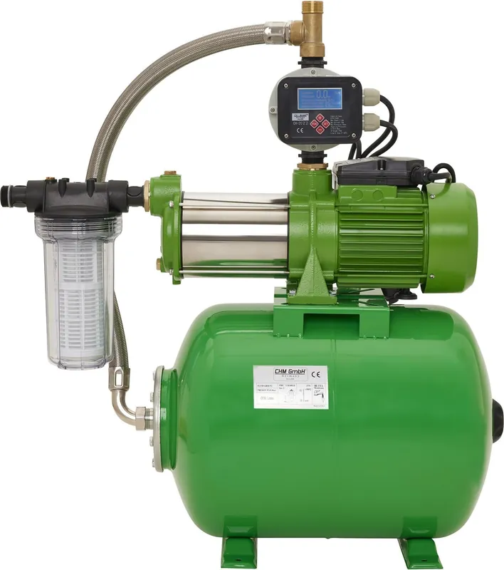CHM GmbH Hauswasserwerk 24 L 10.000 L/h, Gartenpumpe Edelstahl 2100 Watt 7,8 Bar einstellbarer Druckschalter/Trockenlaufschutz Saisonangebot
