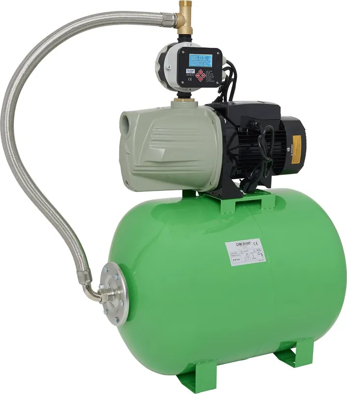 Markenprodukt Hauswasserwerk selbstansaugend 5,5 Bar 7000 L/h, JET Gartenpumpe mit Aluminium Laufrädern und einstellbaren Druckschalter/Trokenlaufschutz