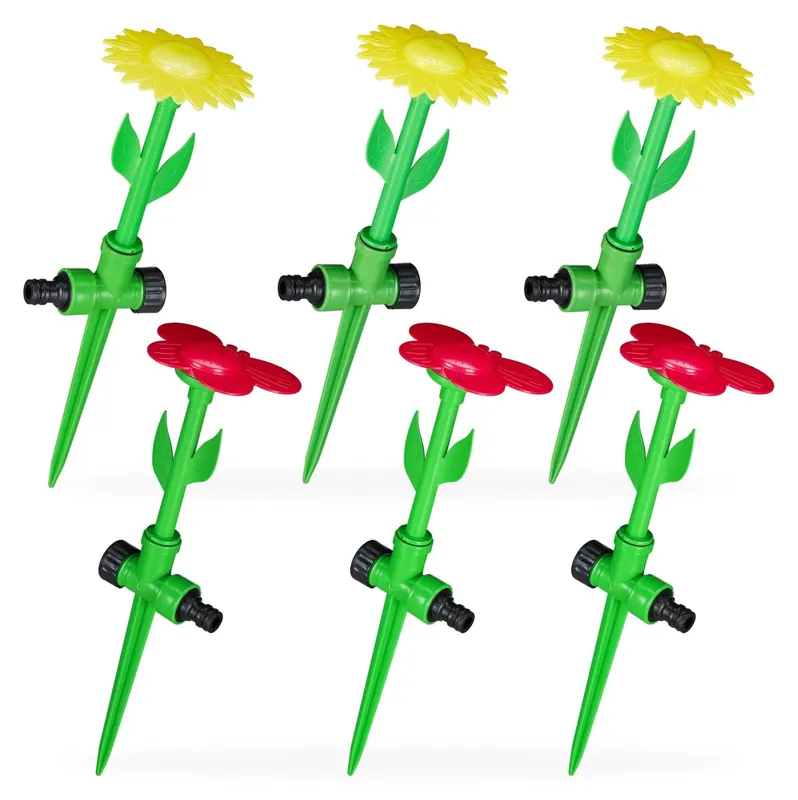 Relaxdays Sprinkler Blume, 6er Set, Spritzblume Garten, Rasensprenger Kinder, mit Erdspieß, HxD 34 x 10 cm, rot/gelb Super-Preis