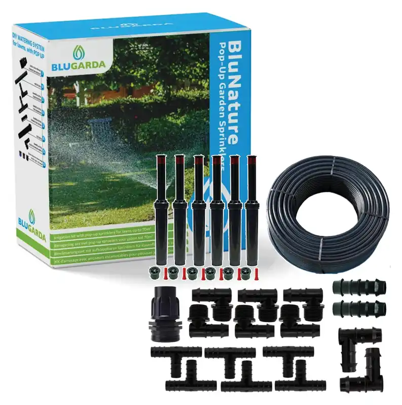Knallerangebot BluGarda - BluNature Pop-Up Bewässerungssprinkler für den Garten - Rasenbewässerung Sprinklersystem Kit - Pop-up Sprinkler mit Sprühköpfen Set für Rasenflächen bis zu 70m2
