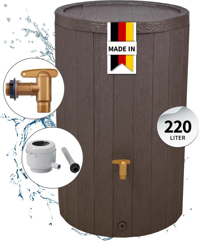 4rain MADERA Regentonnen Komplett-Set 220 Liter braun inkl. Kunststoff-Auslaufhahn und Fallrohranschluss Echt