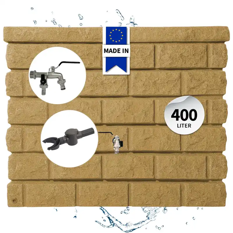 Abverkauf GARANTIA ROCKY Regentonne Wandtank Komplett-Set 400 Liter sandstone inkl. Chrom-Doppelauslaufhahn und Fallrohranschluss
