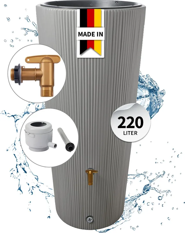 Billig 4rain VASO 2in1 DECOR Regentonnen Komplett-Set 220 Liter zinkgrau inkl. Kunststoff-Auslaufhahn und Fallrohranschluss