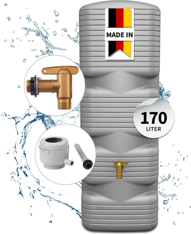 Echt 4rain QUADRO Wandtank Komplett-Set 170 Liter betongrau inkl. Kunststoff-Auslaufhahn und Fallrohranschluss