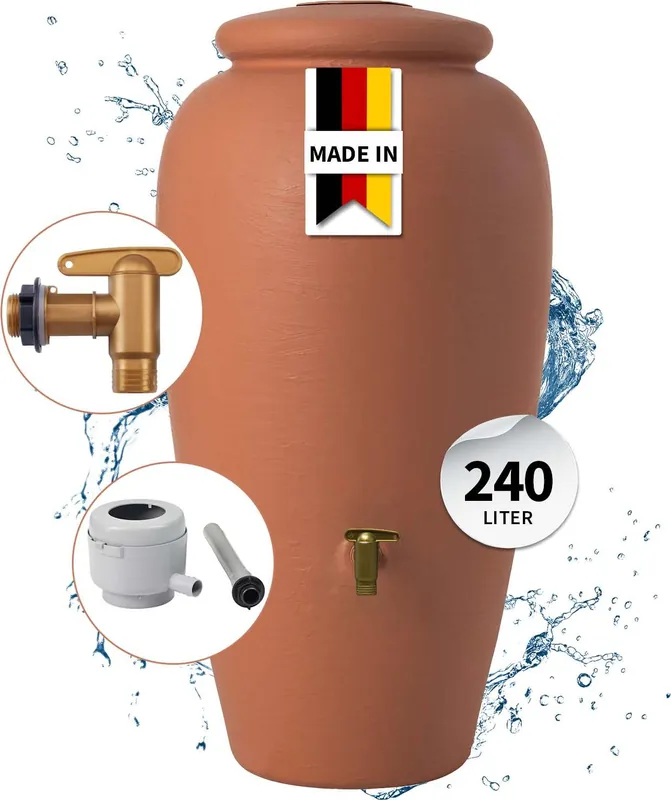 Knallerangebot GARANTIA Amphore Regentonnen Komplett-Set 240 Liter terrakotta inkl. Kunststoff-Auslaufhahn und Fallrohranschluss