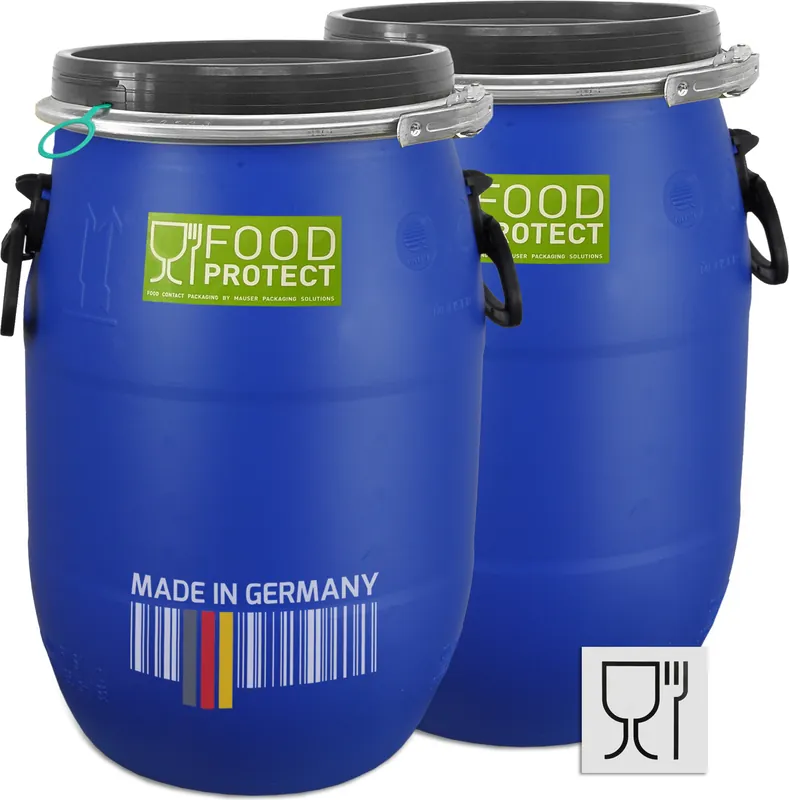 plasteo® 2 Stück 30 Liter Deckelfass Weithalsfass Lagerfass Transportfass Kunststofffass Futtertonne Weithalstonne inkl. Lebensmittelzulassung Schneller Versand