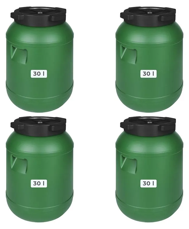 Sonderangebot 4 Stück Weithalsfass Futtertonne Fasssilage Regen Fass Gepäcktonne 30 Liter mit Deckel grün