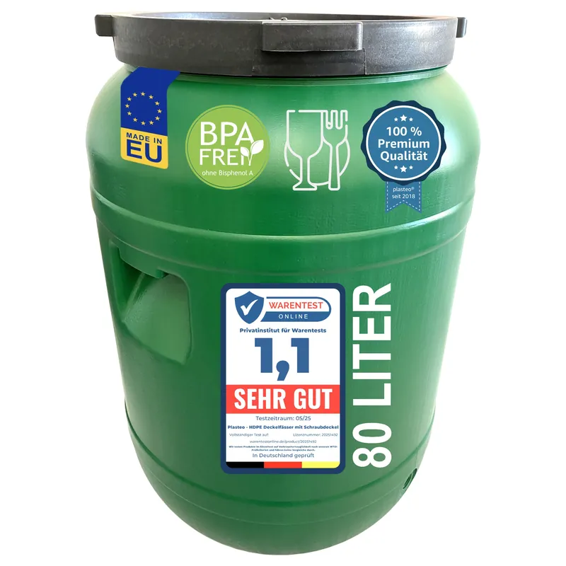 Geprüft plasteo Weithalsfass 80 L Deckelfass lebensmittelecht – stabiles HDPE Universalfass mit Schraubverschluss, für Futter, Lagerung und Transport, grün