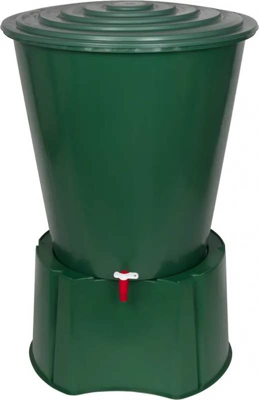 Ausverkauf XL Regentonne 210 Liter aus Kunststoff in Grün. Mit sehr robustem Monoblock Stand, Wasserhahn und Deckel mit Sicherheitsverschluss