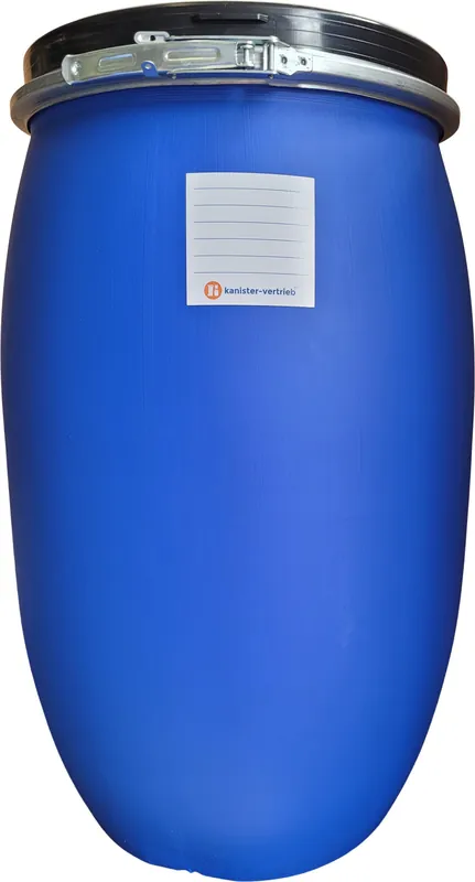 Top-Seller kanister-vertrieb® 120 Liter Deckelfass, Kunststofffass, Futtertonne, Fass, Weithalstonne Farbe blau inkl. Etikett (120 D)