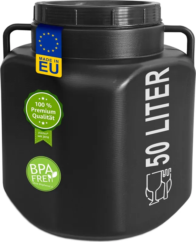 plasteo® 50 Liter Weithalsfass mit Deckel und Griffen Eckig Schwarz, Lebensmittelecht BPA-Frei, Futtertonne Kunststofffass Universalfass Deckelfass Neue Ware