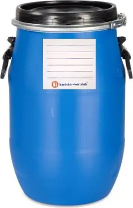 kanister-vertrieb® 30 Liter Deckelfass, Kunststofffass, Futtertonne, Fass, Plastikfass Farbe blau inkl. Etikett (30 D) Preis Gesenkt
