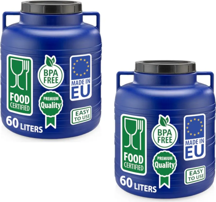 Expressversand 2er Set Weithalsfass Sauerkrautfass Fasssilage Regen Fass Gepäcktonne Camping 60 Liter mit Deckel blau
