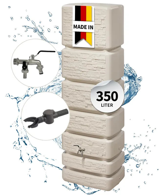 Geprüft 4rain SLIM STONE DECOR Regentonne Wandtank Komplett-Set 350 Liter sandbeige inkl. Chrom-Doppelauslaufhahn und Fallrohranschluss