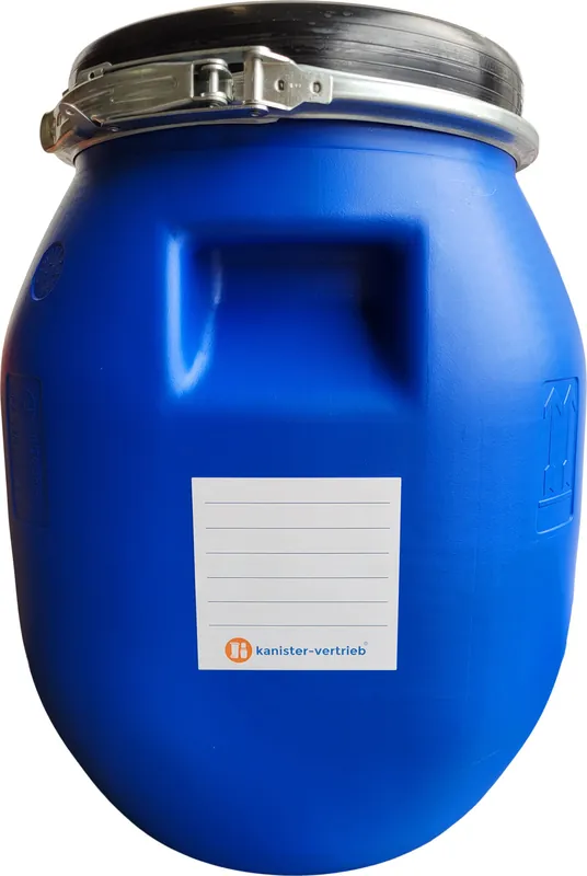 Billig kanister-vertrieb® 30 Liter Deckelfass, Kunststofffass, Futtertonne, Fass, Weithalsfass Farbe blau mit Griffmulde inkl. Etikett (30 DGM)