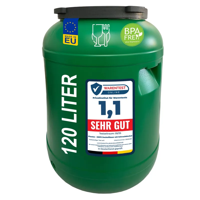Aktuell plasteo Weithalsfass 120 L Deckelfass lebensmittelecht – stabiles HDPE Universalfass mit Schraubverschluss, für Futter, Lagerung und Transport, grün