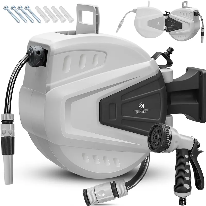 Highlight KESSER® Schlauchtrommel Wasser Schlauchaufroller Inkl. 2-Wege-Verteiler + Multi-Handbrause Wasserschlauchtrommel Automatik 180° Schwenkbar Wandhalterung Gartenschlauch Orange